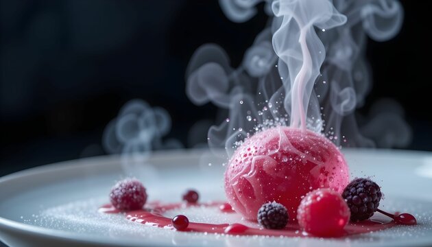 Pink dessert with misty effect and berries on dark background.