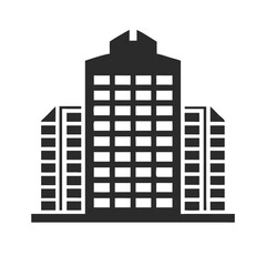 Small icon of a skyscraper silhouette with rows of windows, simplified and clean