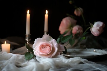 Obraz premium Wedding Rose. Elegant Table Decor with Bouquet of Romantic Roses and Candlelight