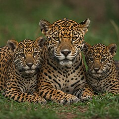 Fototapeta premium Jaguar mother and two cubs lying close together in the grass, looking directly at the viewer. Their spotted coats are prominently displayed.