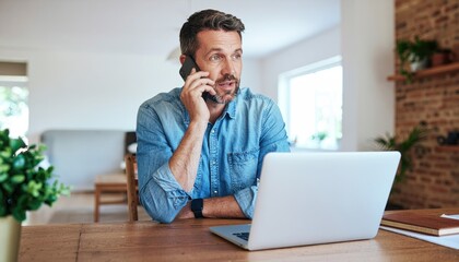 Finance, man and phone call with laptop in home for online consultation, loan invoice query or confused. Doubt, person or speaking to agent