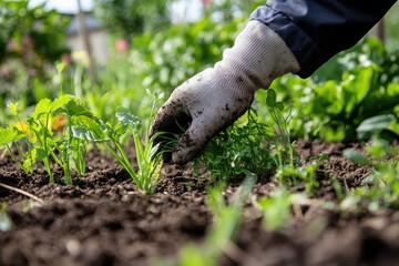 Weeds Garden. Active Gardener in Glove Pulling Out Weeds from Bed in Daylight