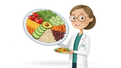 A cheerful character in a lab coat presents a colorful plate filled with healthy foods like vegetables, grains, and fruits.