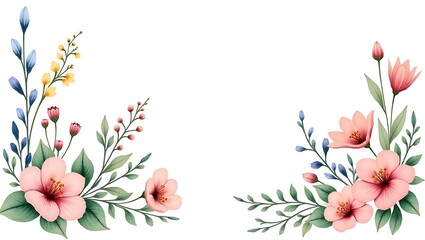 Elegant floral corner design pastel pink blossoms soft green leaves delicate blue accents charming