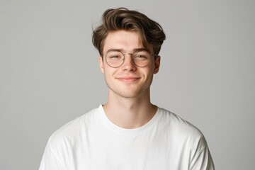 White Male Smiling. Young Student in White T-Shirt and Round Eyeglasses Isolated on Grey Background