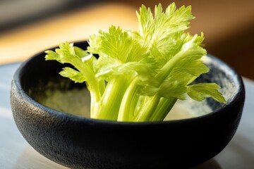 Fresh green celery in a black bowl with natural light highlighting its crisp texture