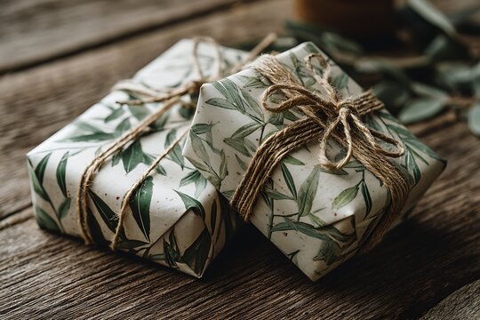 Two gift-wrapped boxes decorated with green leaves and natural twine, evoking a rustic, eco-friendly holiday spirit.