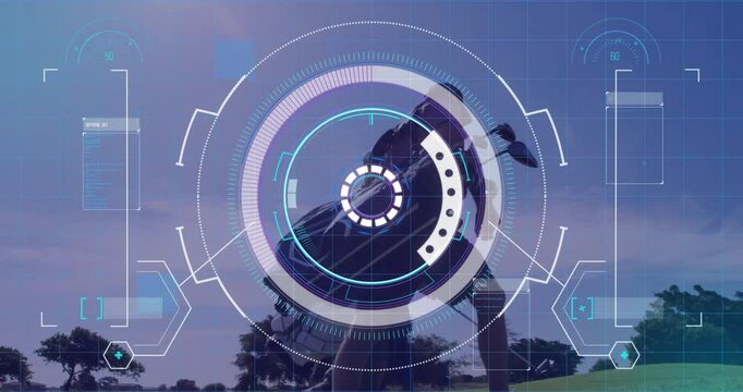 Silhouetted bull head displaying technology HUD in field, with chain, circular reticle, data panels