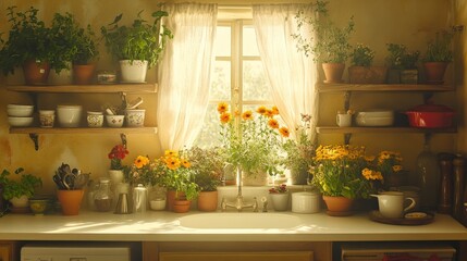 Sunlit Kitchen with Flowers