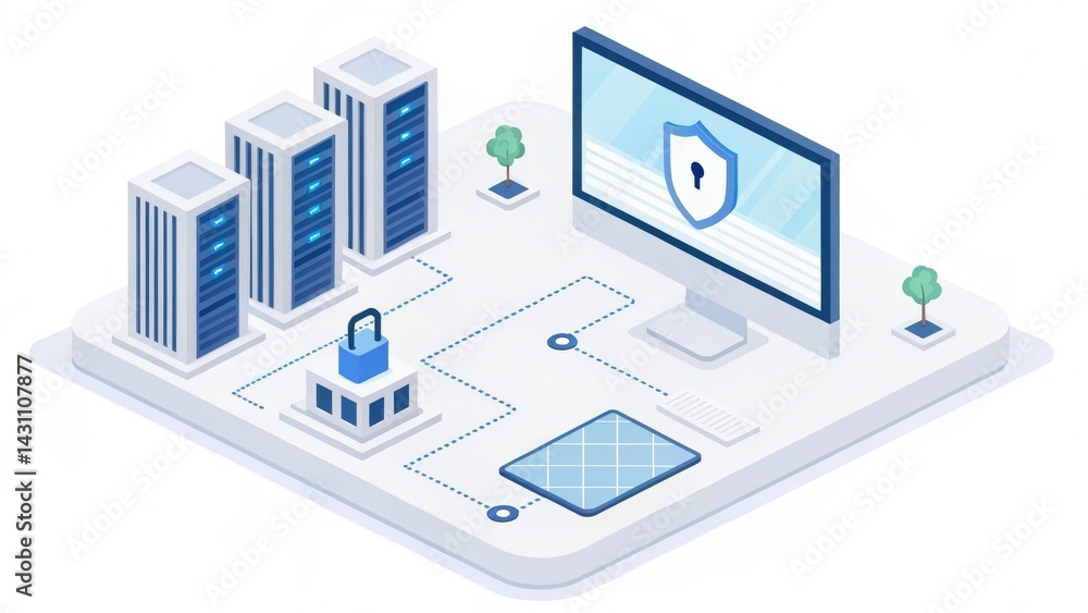 Poster digital illustration depicting cybersecurity, featuring buildings, a computer screen with a shield i