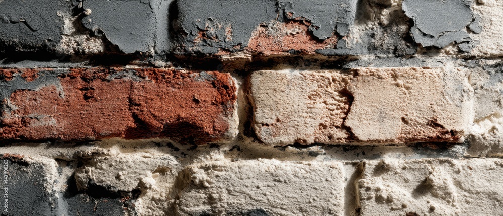 Poster Textured brick wall with peeling paint creating a rustic and weathered surface in a close up shot emphasizing detail and texture for backgrounds and design elements