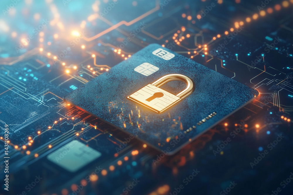 Aufkleber secure digital payment card protected by a padlock on a circuit board