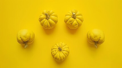 Monochromatic yellow aesthetic composition with small yellow pumpkins arranged
