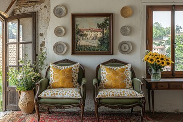 Vintage living room with two chairs, olive green bench, framed yellow-patterned decorations, historical painting, floral pillows, and decorative plates.