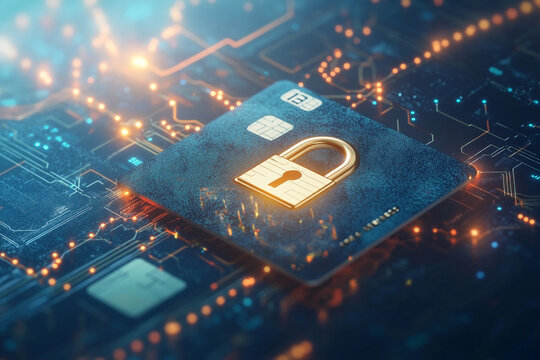 Secure digital payment card protected by a padlock on a circuit board