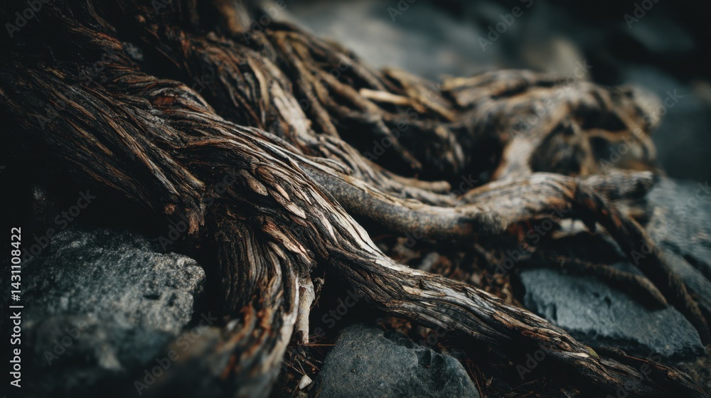 Poster close up of weathered roots intertwining with rocks creating a natural texture and earthy mood captu