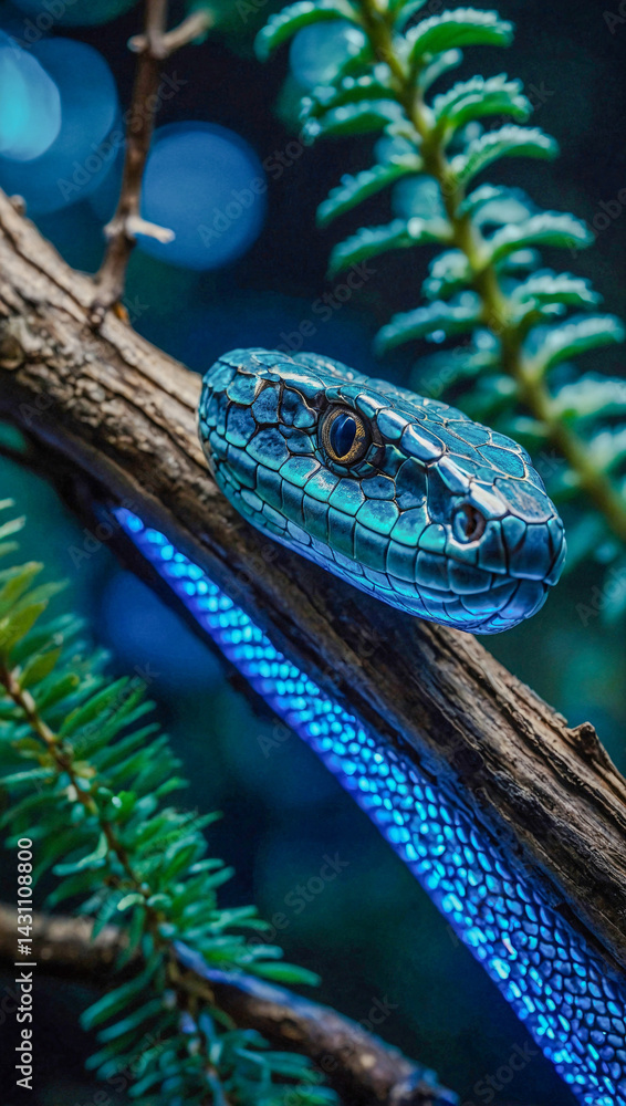 Poster holographic azure snake coiled on a branch, glowing with lights, creating a mesmerizing effect.