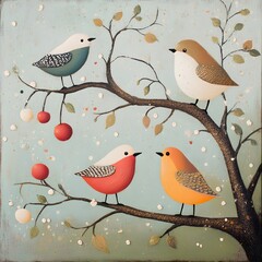 Illustration of birds on the tree branch. Naive art