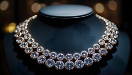 A luxurious diamond necklace on display in a jewelry store, front view, with soft lighting