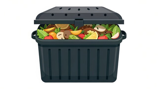 A black compost bin filled with various fruits and vegetables, illustrating waste management and sustainability.