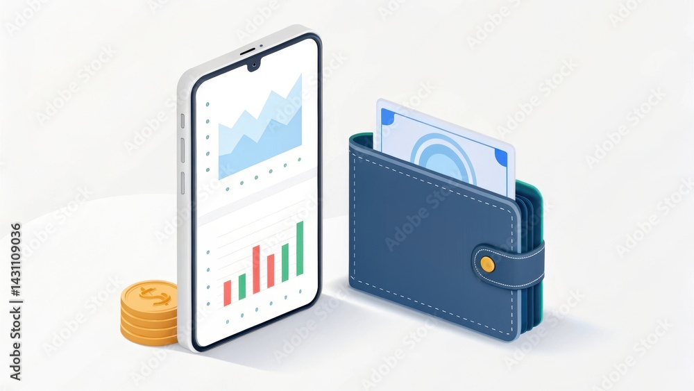 Poster digital wallet concept with smartphone displaying financial data alongside a wallet and coins.