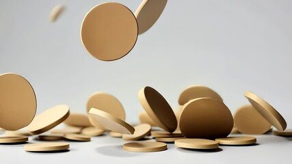 Beige circular 3d tokens are falling onto a white surface a coins, creating game dynamic and visually appealing arrangement video 4k