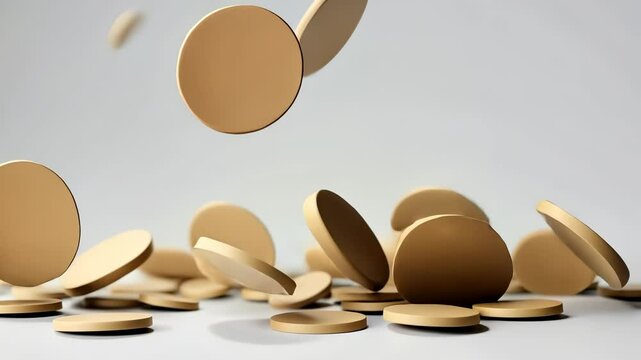 Beige circular 3d tokens are falling onto a white surface a coins, creating game dynamic and visually appealing arrangement video 4k