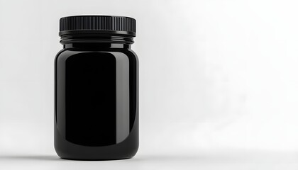 Black plastic bottle with lid for solid health supplement on a white background, mockup template.