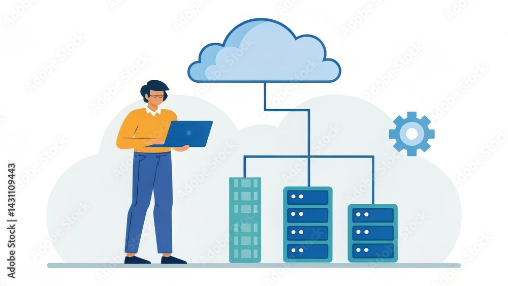 Poster a person working on a laptop connected to a cloud server, illustrating cloud computing and data mana