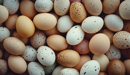 Egg background, close-up of eggs in a pile of brown and beige chicken eggs, close-up of many fresh, raw eggs. 