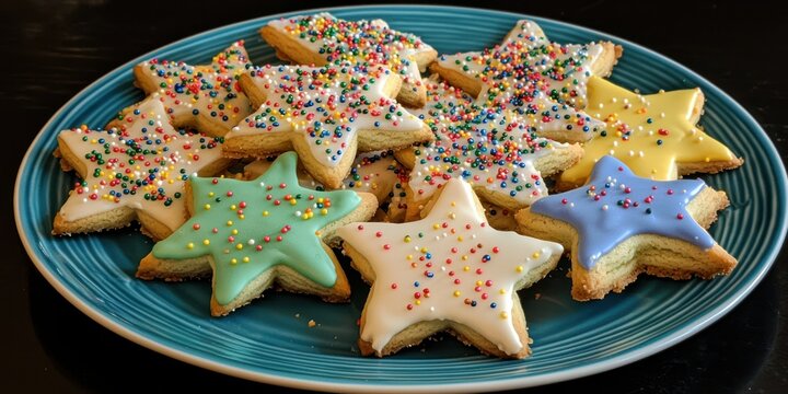 A plate of Christmas-themed sugar cookies shaped like stars, trees, and snowflakes, decorated with colorful icing and sprinkles