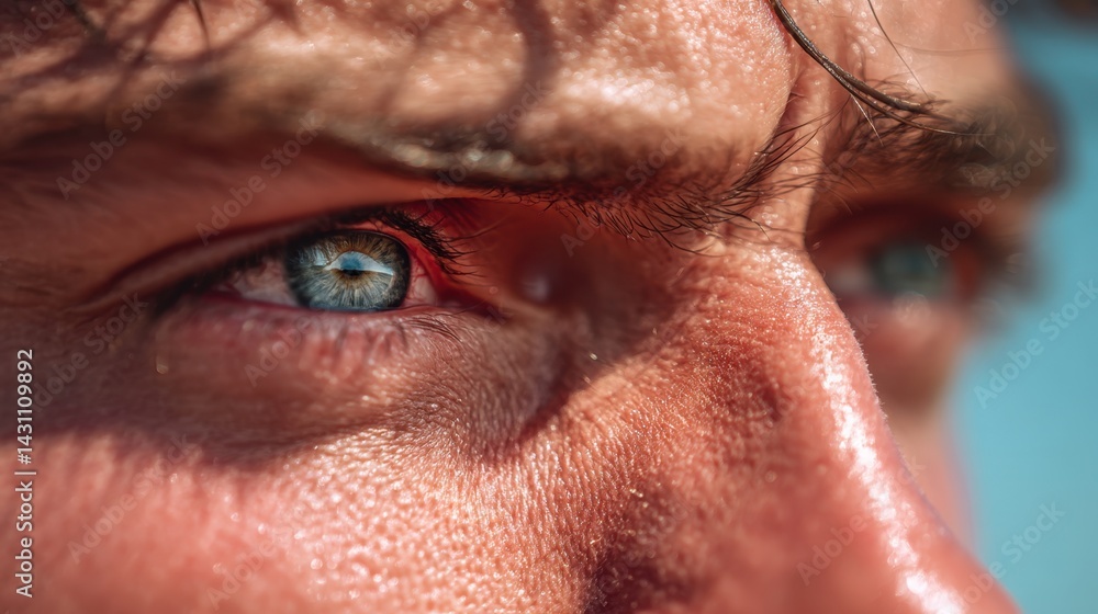 Poster intense macro shot of a man's eye with clear blue iris reflecting the sky and showing detail of the 