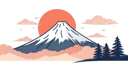 A stylized mountain landscape featuring a snow-capped peak, sunset, clouds, and pine trees, evoking a serene and picturesque natural scene.