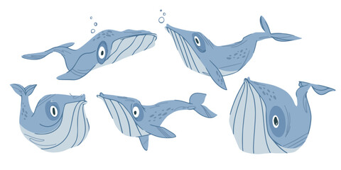 Set of cute cartoon whales in different poses for kids illustration, sea theme collection