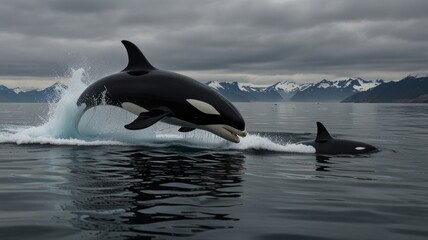 Fototapeta premium Orcas leaping, ocean, mountains, wildlife, nature photography