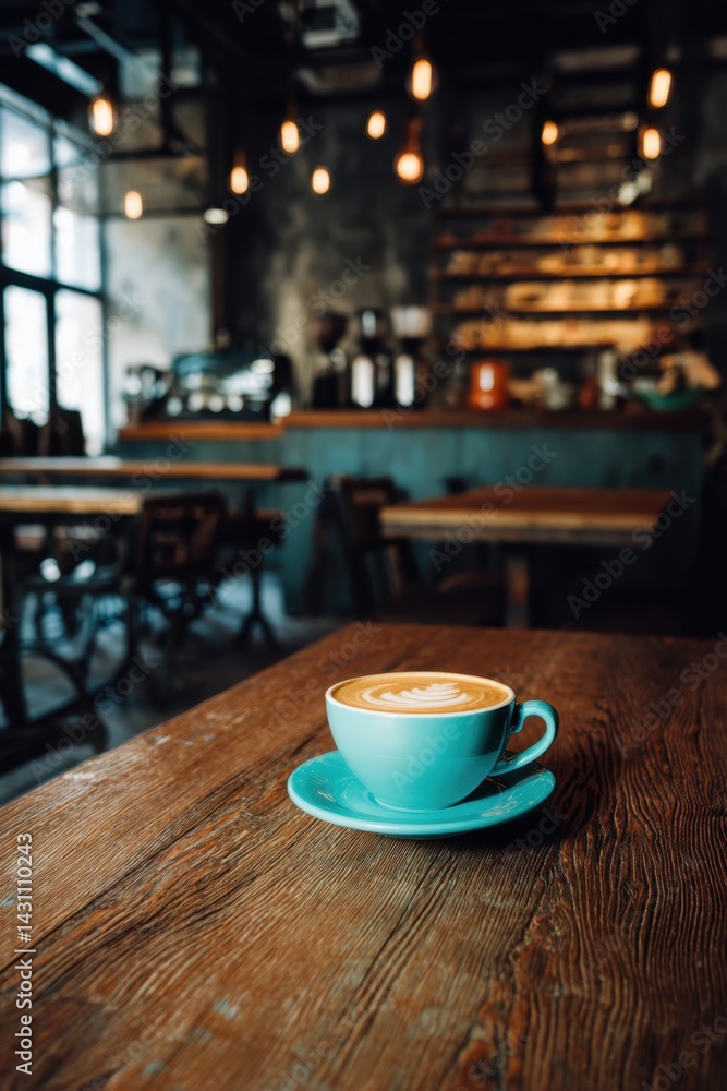 Poster captivating latte art in a blue cup on a rustic wooden table in a cozy cafe ambient lighting and blu