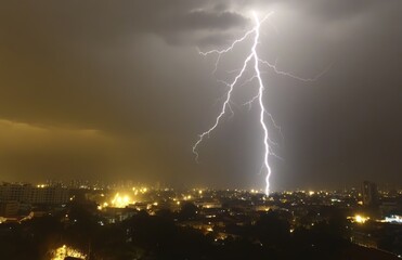 Lightning Storm Over Bangkok City at Night. Thunderstorm with Rain and Electric Bolts Illuminating Urban Skyline in Thailand, Dramatic Sky and Natural Power Energy Background
