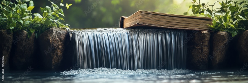 Poster waterfall flows from open book with pages forming cliffs and trees in serene nature landscape genera