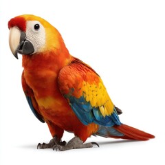 Vibrant scarlet macaw portrait against white backdrop capturing exotic bird beauty in studio shot showcasing vivid plumage and tropical allure for nature enthusiasts