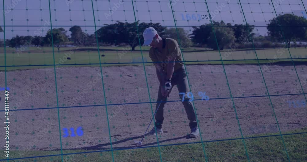 Aufkleber golfer preparing swing in sand bunker, using golf tech overlay showing grid and performance metrics