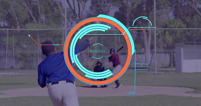Pitcher winding up, batter swinging, catcher crouching, showing baseball tech energy gauge rising