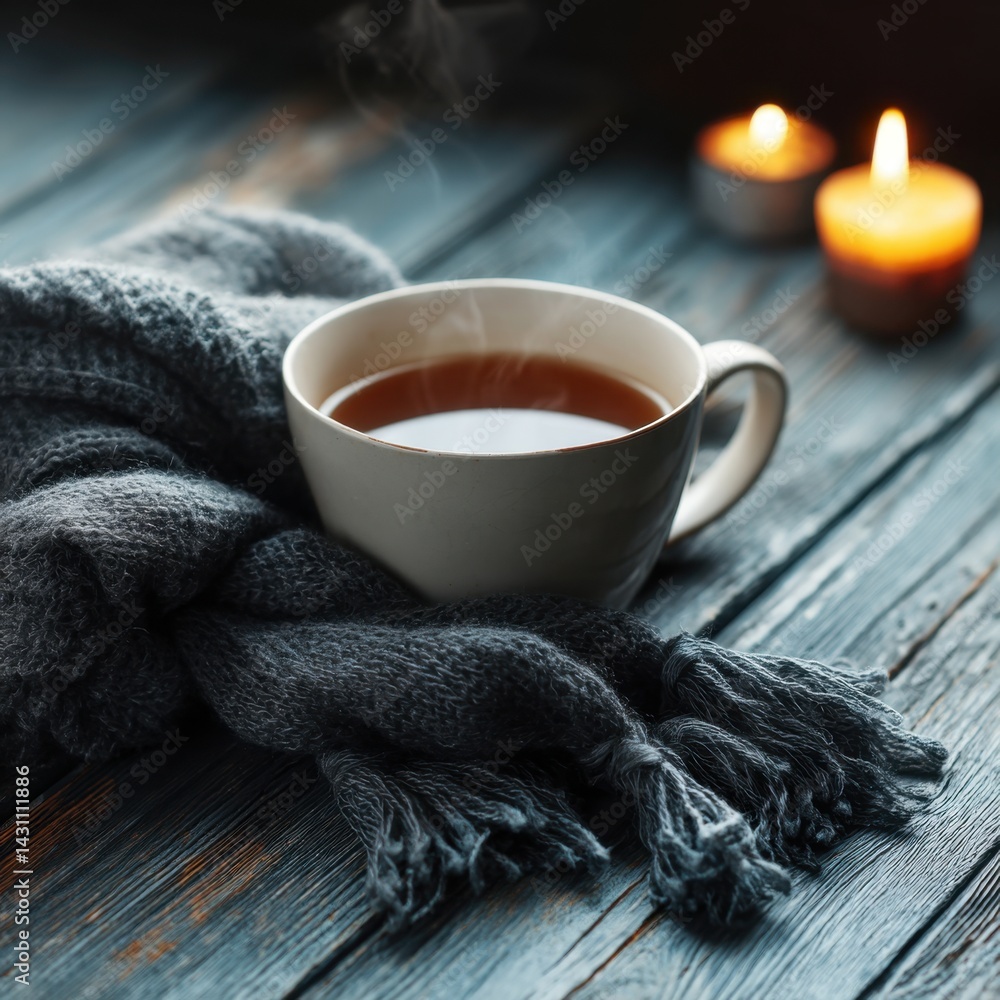 Poster cozy scene of warm tea in a cup with a grey scarf and candles on a rustic blue wooden table creating