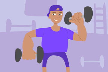 Man and Strength training routines focusing on muscle-building exercises with dumbbells. Man doing sports in the gym. Cartoon vector illustration.