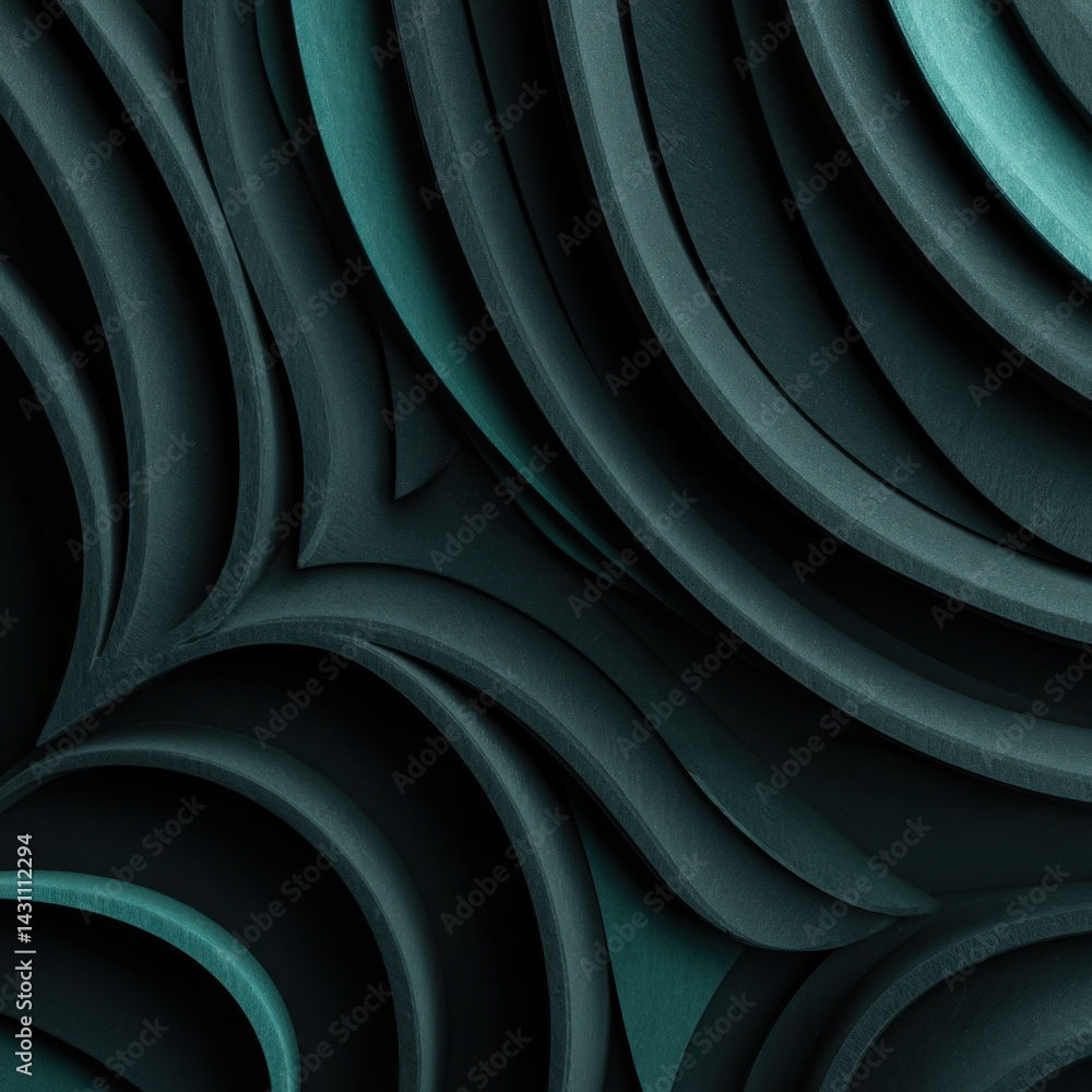 Poster abstract dark teal curved panel design with modern aesthetic and volumetric shapes creating a captiv