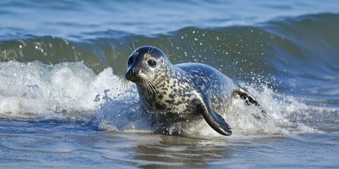 A playful harbor seal splashing in the shallow ocean waves, its sleek body glistening