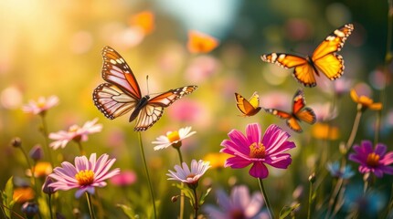 Butterflies Fluttering Among Wildflowers in Sunny Meadow