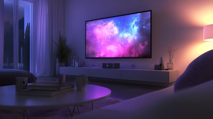 Ultra-modern flat-screen LED TV mounted on a minimalist living room wall, displaying a vibrant 4K image, sleek interior design, photorealistic rendering, moody ambient light