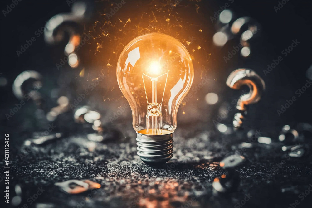 Poster bright light bulb illuminating many question marks solution idea concept