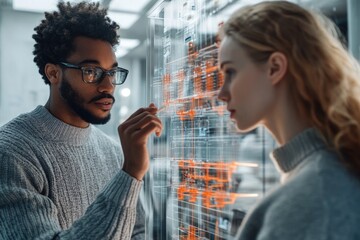 Two colleagues collaborate on a futuristic interactive display, analyzing complex data visualizations.