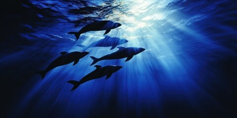 A pod of pilot whales gracefully moving through deep blue waters, illuminated by sunlight from above